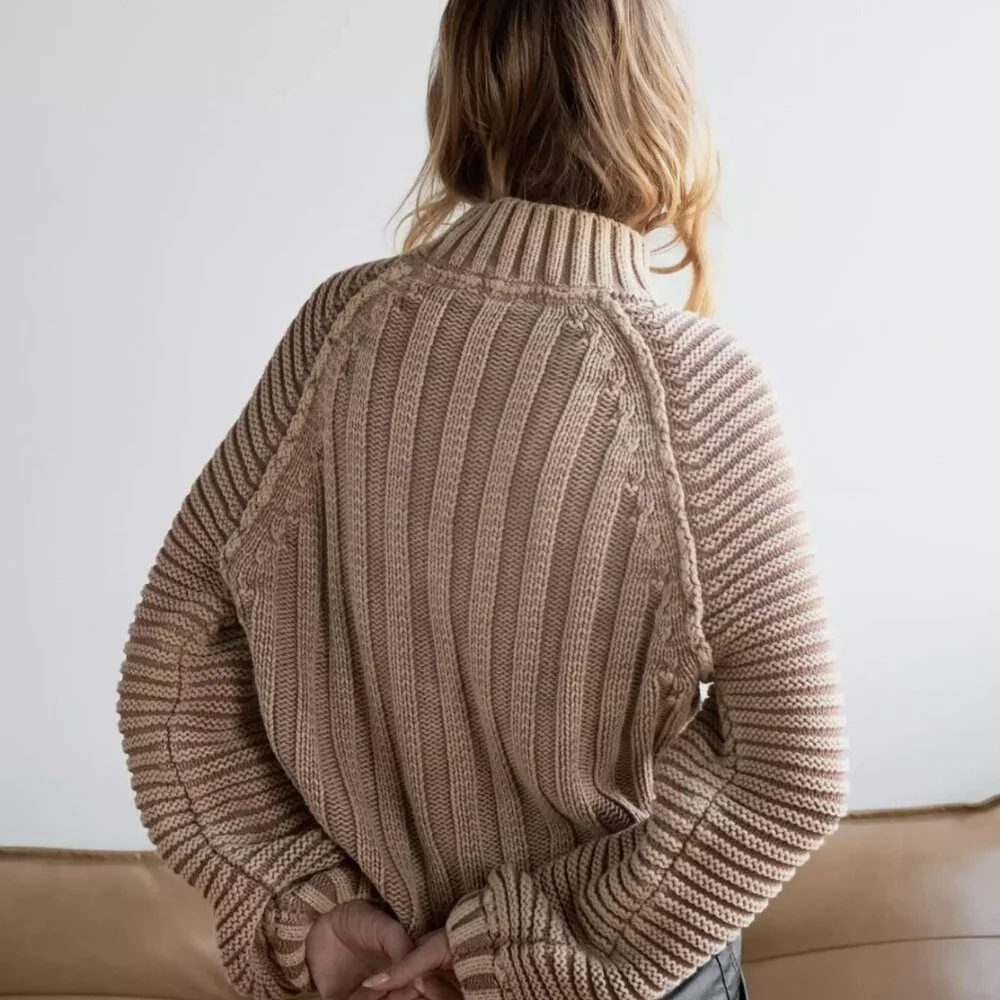 Free People Tan Light Brown Chunky Knit Mock-Neck Sweetheart Sweater Size Large - Picture 6 of 6